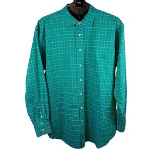 Paul Fredrick Mens 17.5 x 35 Green Windowpane Cotton Linen Shirt Classic